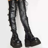 Lucyever Fashion Buckle Wedges Over The Knee Boots With Chunky Heels - Alt Style Clothing