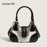 Make a Statement with Canvas Splicing Shoulder Bags in Patent Leather and Chain - Alt Style Clothing