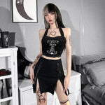 Unleash Your Dark Side with Gothic Grunge Strap Black High Waist A-Line Skirt
