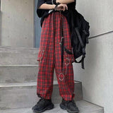 Woman Gothic Checkered Cargo Plaid Pants - Punk Baggy Style with Wide Leg Trousers