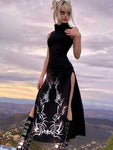 Unleash Your Dark Side with Our Gothic Print Midi Dress with Turtleneck Long Dress