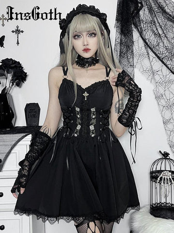 InsGoth Gothic V Neck Lace Up Dress High Waist Lace Trim Corset Dress - Alt Style Clothing