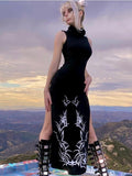 Unleash Your Dark Side with Our Gothic Print Midi Dress with Turtleneck Long Dress