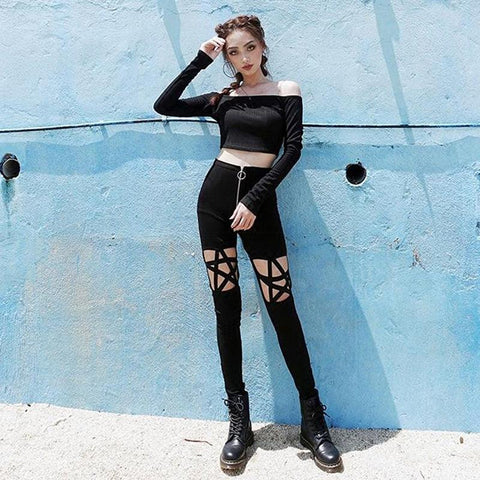 Gothic Style Black Pants - Featuring Hollow-Out Pentagram Design for a Cool and Sexy Look - Alt Style Clothing