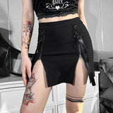 Unleash Your Dark Side with Gothic Grunge Strap Black High Waist A-Line Skirt - Alt Style Clothing