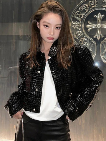Short Black Reflective Patent Leather Jacket for Women - Alt Style Clothing