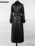 Extra Long Black PU Leather Trench Coat Waterproof