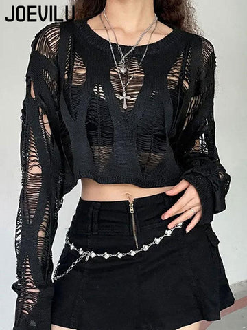 Hollow Out Knitted Blouse Long Sleeve Gothic Top