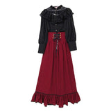 Make a Statement with Our Gothic Two Piece Fall Black Long Sleeve Blouse Top Bandage Striped Skirt - Alt Style Clothing