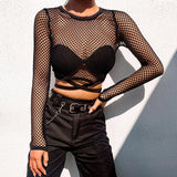 Gothic Long Sleeve Fishnet Top - Hollow See-Through Mesh - Alt Style Clothing
