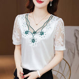 V neck Stitching Satin lace Short sleeve Flower Mesh Top - Alt Style Clothing