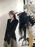 Express Your Dark Aesthetic with Karrcat's Gothic Black Shirts - Irregular Style Flare Sleeve Blouse - Alt Style Clothing