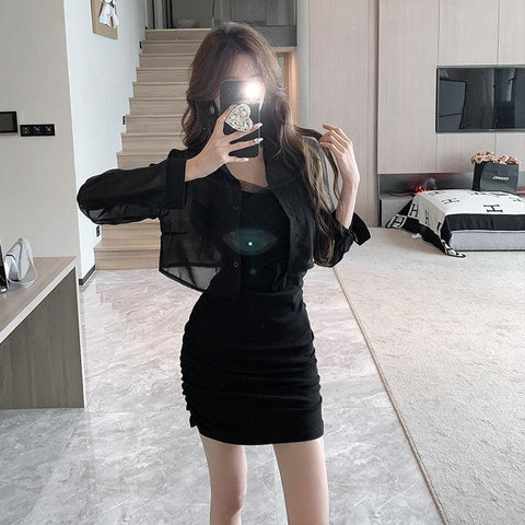 Elegant Slim Mesh Office Lady Mini Dress - Alt Style Clothing