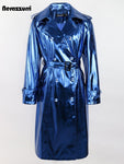 Reflective Patent Leather Trench Coat for Women with Sash and Double Breasted Design - Alt Style Clothing