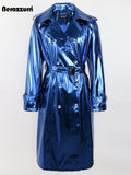 Reflective Patent Leather Trench Coat for Women with Sash and Double Breasted Design