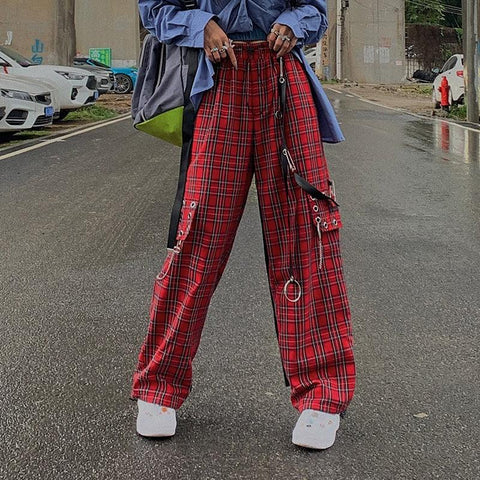 Plaid Cargo Pants with Chain - Wide Leg Baggy Design for a Gothic and Loose Fit Look