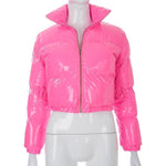 Glossy Patent Leather Padded Short Jacket with Stand-up Collar and Solid Design