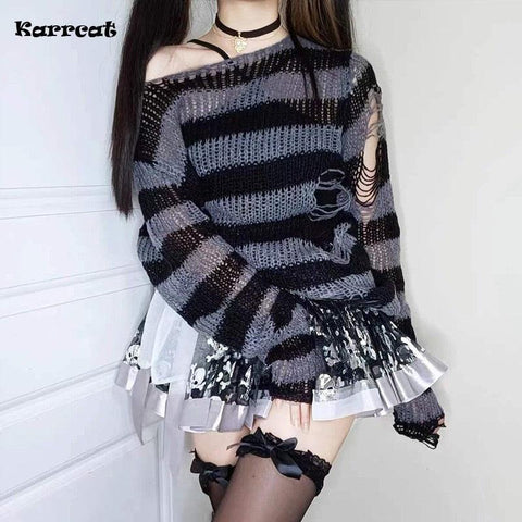 Gothic Sweater Women Knitted Striped Pullover