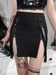 Unleash Your Dark Side with Gothic Grunge Strap Black High Waist A-Line Skirt - Alt Style Clothing