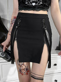 Unleash Your Dark Side with Gothic Grunge Strap Black High Waist A-Line Skirt
