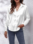 Satin Imitation Silk Button-Up Blouse - Loose Fit with Long Sleeves - Alt Style Clothing
