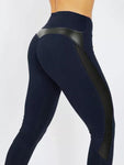 High-Waisted Femme Fitness Leggings - Solid Color with Mesh and PU Leather Patchwork Design - Alt Style Clothing