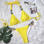 Snake Print Crystal Split Bikini Set with Thongs - Alt Style Clothing