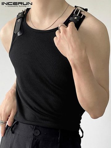 Upgrade Your Style with Leather Shoulder Waistcoat Fashion Casual Male Tank Top