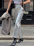 Silver Metalic Faux Leather Pants High Waist Long Night Club Wear - Alt Style Clothing