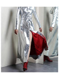 Silver Reflective PU Leather Trench Coat with Hood, Extra Long