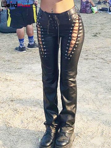 Sexy High-Waisted Faux Leather Pants - Hollow Out Bandage Design Perfect for Summer Trends - Alt Style Clothing