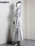 Silver Reflective PU Leather Trench Coat with Hood, Extra Long - Alt Style Clothing
