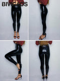PU Leather Leggings with Elastic High Waist - Slim Pants