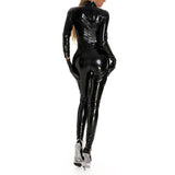 Sleek and Edgy Women's Patent Leather Zipper Jumpsuit for Alternative Style - Alt Style Clothing
