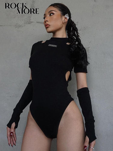 Hollow Out Sexy With Arm Sleeve Bodycon Bodysuit - Alt Style Clothing