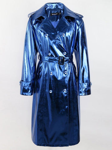 Reflective Patent Leather Trench Coat for Women with Sash and Double Breasted Design - Alt Style Clothing