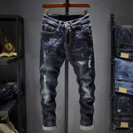 Dark Blue Slim Fit Distressed Jeans for Men - Broken Holes and Ripped with Hip Stretch - Alt Style Clothing