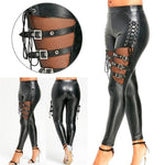 Gothic Punk Leggings with Fishnet Trim Lace - PU Leather Skinny Slim Trousers - Alt Style Clothing