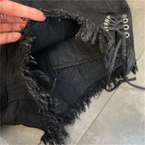 Black Denim Shorts with Personality Raw Fringe and Bandage Tassel Trend - Alt Style Clothing