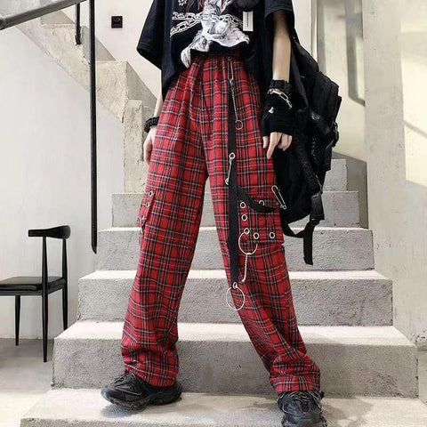 Woman Gothic Checkered Cargo Plaid Pants - Punk Baggy Style with Wide Leg Trousers - Alt Style Clothing