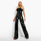High-Waisted Faux Latex Wide Leg Pants - Perfect for a Bold and Fashion-Forward Look