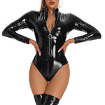 Sexy Patent Leather Bodysuit Clubwear Wet Look Mock Neck Glossy Long Sleeve Zipper - Alt Style Clothing