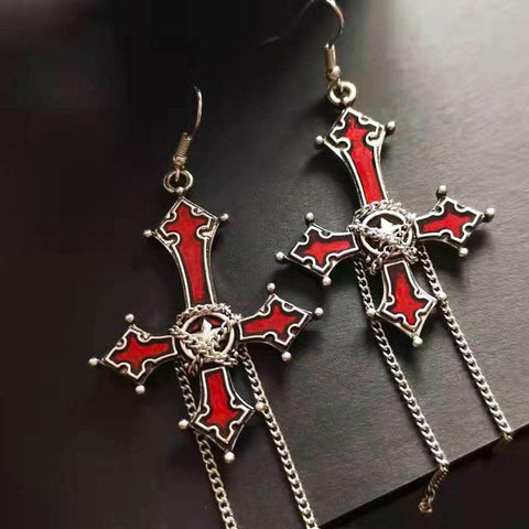 Add a Touch of Gothic Glam to Your Style with Our Bloody Skull Rose Inverted Cross Pendant Earrings - Alt Style Clothing
