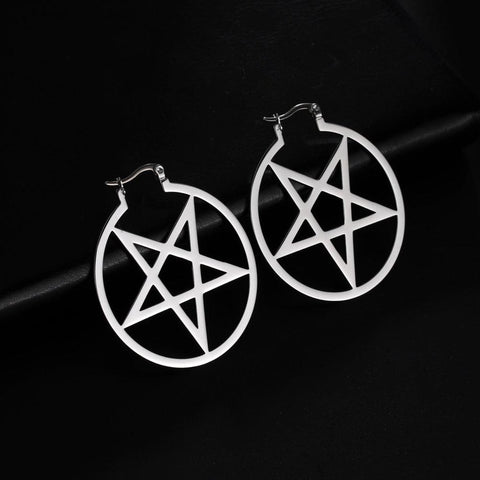 Stainless Steel Satanic Pentagram Hoop Earrings - Alt Style Clothing