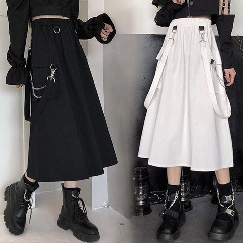 Gothic Long Skirt Techwear High Waist Chain Pocket Strap Cargo Skirt - Alt Style Clothing