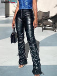 Cyber Vintage Faux Leather Pants - Weird Puss Design with Stacked Zipper, Side Slit, and Drawstring Detailing - Alt Style Clothing