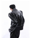 Loose Long Sleeve Black Patent Leather Jacket with Reflective Shiny Finish and Zipper - Alt Style Clothing