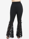 Gothic Black Lace Panel Flare Pants - High-Waist with Lace-Up Detailing - Alt Style Clothing