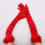 Elegant Elastic Full Finger Long Silk Satin Gloves with Feather Cuff for Dance and Parties - Alt Style Clothing