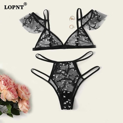 Floral Embroidery Sheer Mesh Lingerie Set - Alt Style Clothing